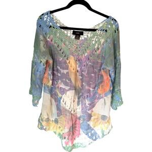 RAIN Crochet Boho Bird Print Top Multicolor Sheer Blouse Festival Size S